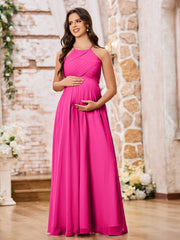 Stunning A-line Halter Empire Floor Length Chiffon Bridesmaid Gowns Fuchsia