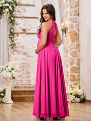 Stunning A-line Halter Empire Floor Length Chiffon Bridesmaid Gowns Fuchsia
