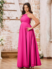 Stunning A-line Halter Empire Floor Length Chiffon Bridesmaid Gowns Fuchsia
