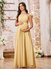 Stunning A-line Halter Empire Floor Length Chiffon Bridesmaid Gowns Gold