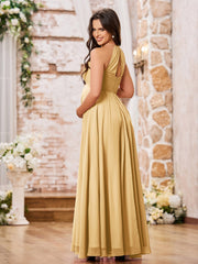 Stunning A-line Halter Empire Floor Length Chiffon Bridesmaid Gowns Gold