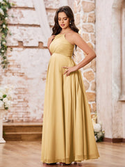 Stunning A-line Halter Empire Floor Length Chiffon Bridesmaid Gowns Gold