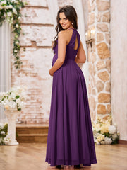 Stunning A-line Halter Empire Floor Length Chiffon Bridesmaid Gowns Grape