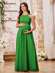 Stunning A-line Halter Empire Floor Length Chiffon Bridesmaid Gowns Green