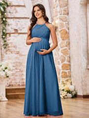Stunning A-line Halter Empire Floor Length Chiffon Bridesmaid Gowns Ink Blue