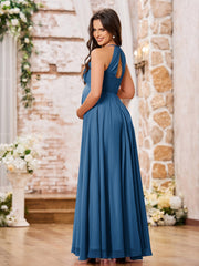 Stunning A-line Halter Empire Floor Length Chiffon Bridesmaid Gowns Ink Blue