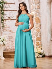 Stunning A-line Halter Empire Floor Length Chiffon Bridesmaid Gowns Jade