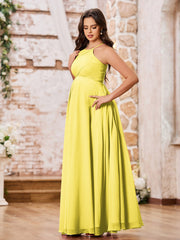 Stunning A-line Halter Empire Floor Length Chiffon Bridesmaid Gowns Lemon