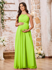 Stunning A-line Halter Empire Floor Length Chiffon Bridesmaid Gowns Lime Green