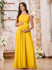 Stunning A-line Halter Empire Floor Length Chiffon Bridesmaid Gowns Marigold