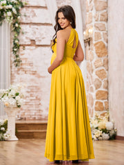 Stunning A-line Halter Empire Floor Length Chiffon Bridesmaid Gowns Marigold