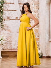 Stunning A-line Halter Empire Floor Length Chiffon Bridesmaid Gowns Marigold