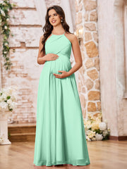 Stunning A-line Halter Empire Floor Length Chiffon Bridesmaid Gowns Mint Green