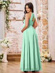 Stunning A-line Halter Empire Floor Length Chiffon Bridesmaid Gowns Mint Green
