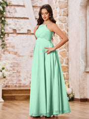 Stunning A-line Halter Empire Floor Length Chiffon Bridesmaid Gowns Mint Green