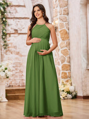 Stunning A-line Halter Empire Floor Length Chiffon Bridesmaid Gowns Moss