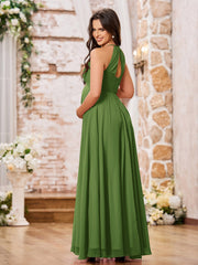 Stunning A-line Halter Empire Floor Length Chiffon Bridesmaid Gowns Moss
