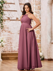 Stunning A-line Halter Empire Floor Length Chiffon Bridesmaid Gowns Mulberry