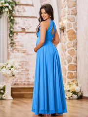 Stunning A-line Halter Empire Floor Length Chiffon Bridesmaid Gowns Ocean Blue