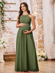 Stunning A-line Halter Empire Floor Length Chiffon Bridesmaid Gowns Olive Green
