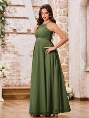 Stunning A-line Halter Empire Floor Length Chiffon Bridesmaid Gowns Olive Green