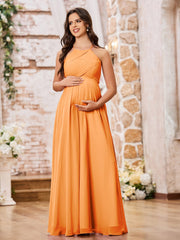 Stunning A-line Halter Empire Floor Length Chiffon Bridesmaid Gowns Orange