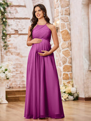 Stunning A-line Halter Empire Floor Length Chiffon Bridesmaid Gowns Orchid