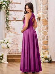 Stunning A-line Halter Empire Floor Length Chiffon Bridesmaid Gowns Orchid