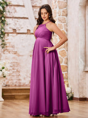 Stunning A-line Halter Empire Floor Length Chiffon Bridesmaid Gowns Orchid