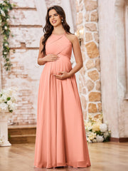 Stunning A-line Halter Empire Floor Length Chiffon Bridesmaid Gowns Papaya