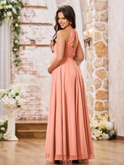 Stunning A-line Halter Empire Floor Length Chiffon Bridesmaid Gowns Papaya