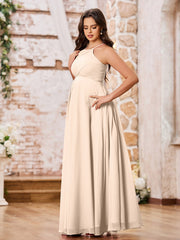 Stunning A-line Halter Empire Floor Length Chiffon Bridesmaid Gowns Peach