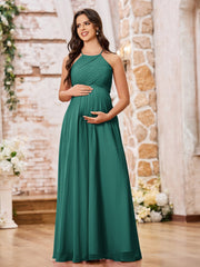 Stunning A-line Halter Empire Floor Length Chiffon Bridesmaid Gowns Peacock