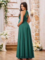 Stunning A-line Halter Empire Floor Length Chiffon Bridesmaid Gowns Peacock