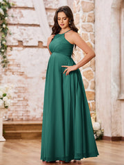 Stunning A-line Halter Empire Floor Length Chiffon Bridesmaid Gowns Peacock