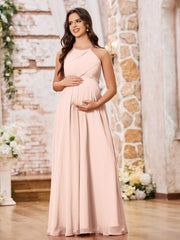 Stunning A-line Halter Empire Floor Length Chiffon Bridesmaid Gowns Pearl Pink