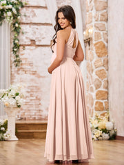 Stunning A-line Halter Empire Floor Length Chiffon Bridesmaid Gowns Pearl Pink