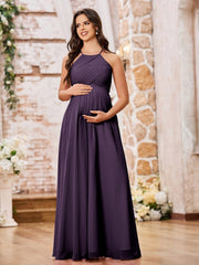 Stunning A-line Halter Empire Floor Length Chiffon Bridesmaid Gowns Plum