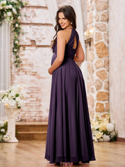 Stunning A-line Halter Empire Floor Length Chiffon Bridesmaid Gowns Plum