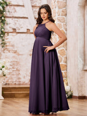 Stunning A-line Halter Empire Floor Length Chiffon Bridesmaid Gowns Plum