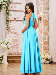 Stunning A-line Halter Empire Floor Length Chiffon Bridesmaid Gowns Pool