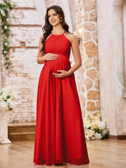 Stunning A-line Halter Empire Floor Length Chiffon Bridesmaid Gowns Red