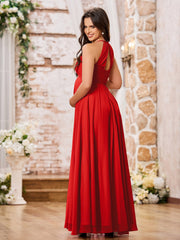 Stunning A-line Halter Empire Floor Length Chiffon Bridesmaid Gowns Red