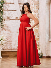 Stunning A-line Halter Empire Floor Length Chiffon Bridesmaid Gowns Red
