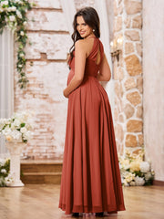 Stunning A-line Halter Empire Floor Length Chiffon Bridesmaid Gowns Rust