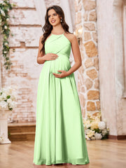 Stunning A-line Halter Empire Floor Length Chiffon Bridesmaid Gowns Sage