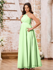 Stunning A-line Halter Empire Floor Length Chiffon Bridesmaid Gowns Sage