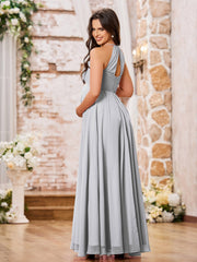 Stunning A-line Halter Empire Floor Length Chiffon Bridesmaid Gowns Silver
