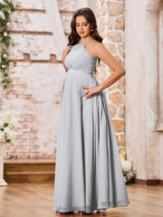 Stunning A-line Halter Empire Floor Length Chiffon Bridesmaid Gowns Silver