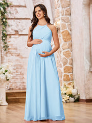 Stunning A-line Halter Empire Floor Length Chiffon Bridesmaid Gowns Sky Blue